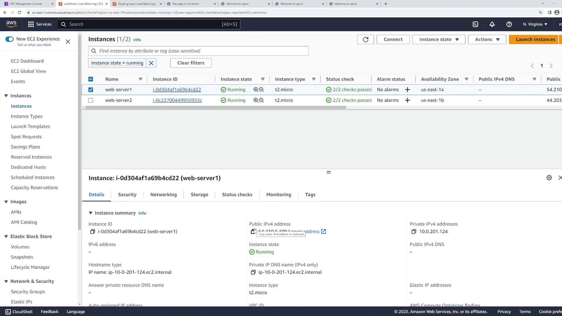 The image shows an AWS EC2 management console with two running instances, "web-server1" and "web-server2," both of type t2.micro. The details of "web-server1" are displayed, including its instance ID, public IPv4 address, and instance state.