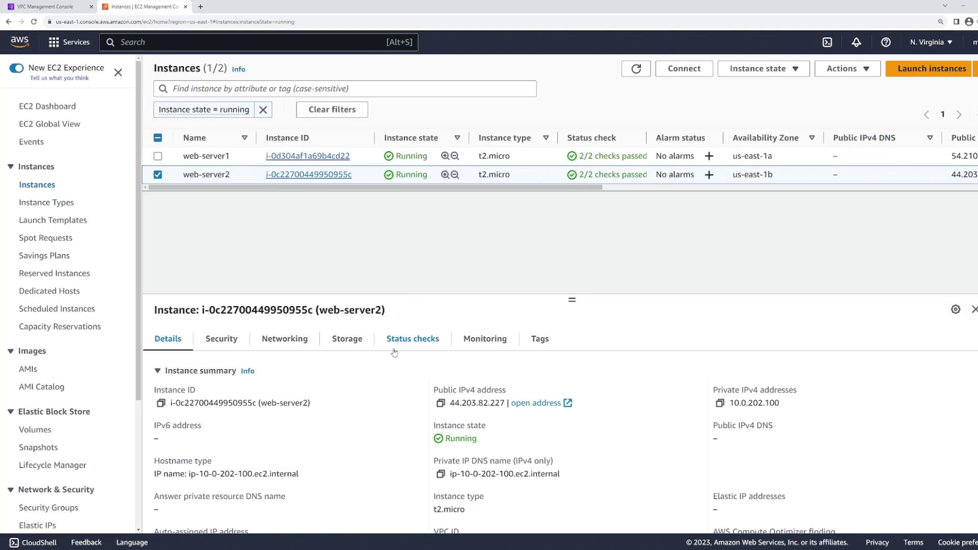 The image shows an AWS EC2 Management Console with two running instances, "web-server1" and "web-server2," both of type t2.micro. The details of "web-server2" are displayed, including its instance ID, IP addresses, and status checks.