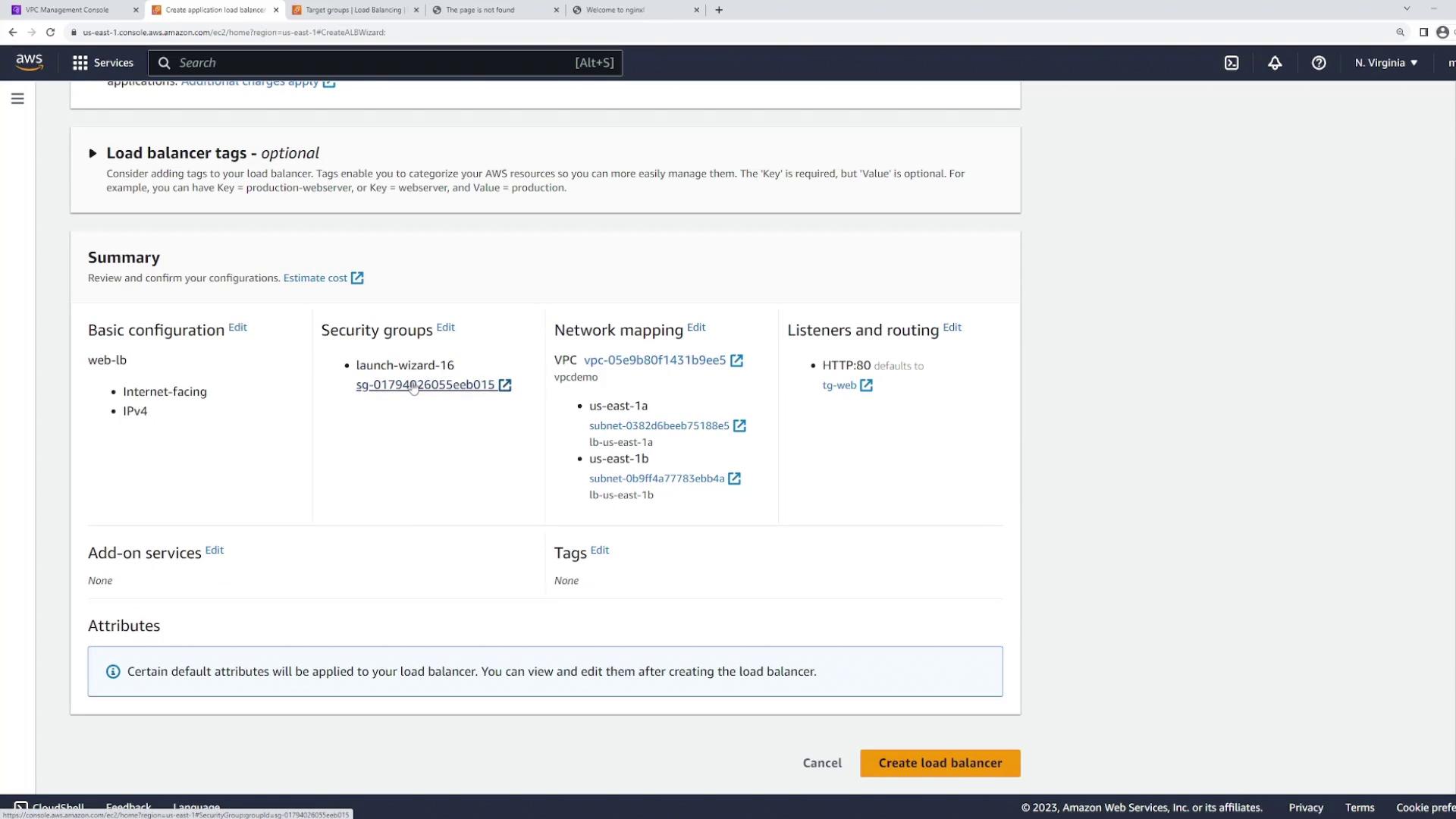 The image shows an AWS Management Console screen for creating an application load balancer, displaying configuration details such as security groups, network mapping, and listeners.