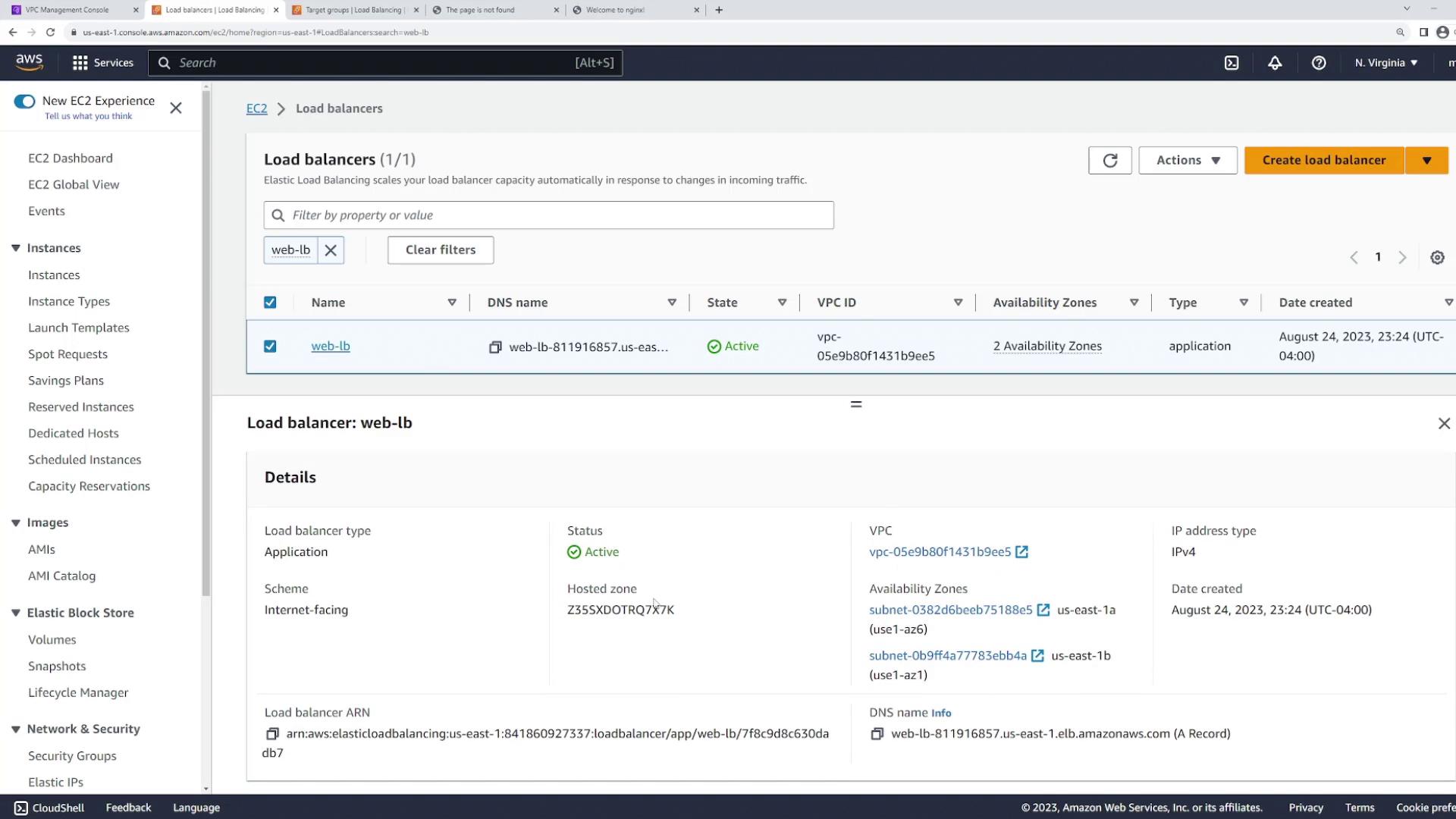 The image shows an AWS Management Console screen displaying details of an active load balancer named "web-lb" in the EC2 service, including its type, status, and associated VPC.