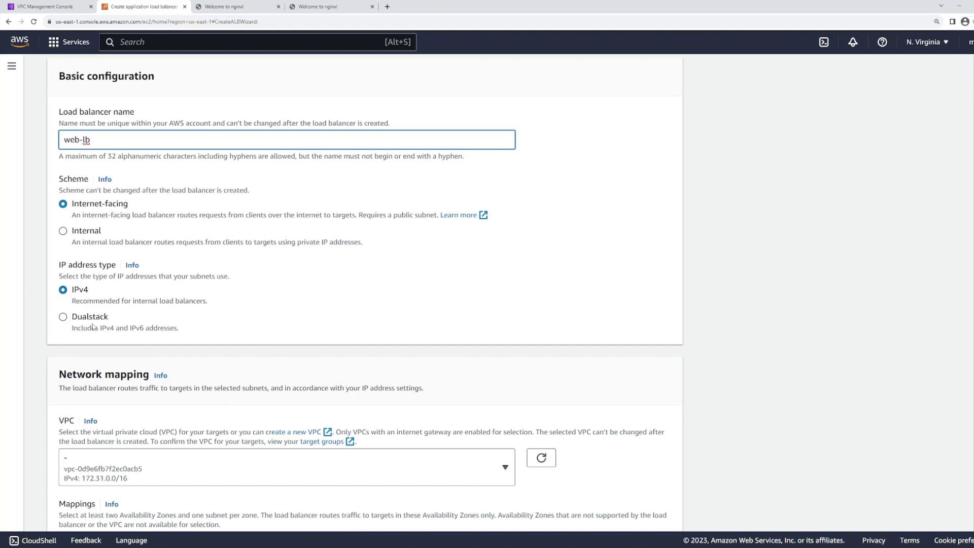 The image shows the AWS Management Console interface for creating an application load balancer, with options for naming, scheme selection, IP address type, and network mapping.