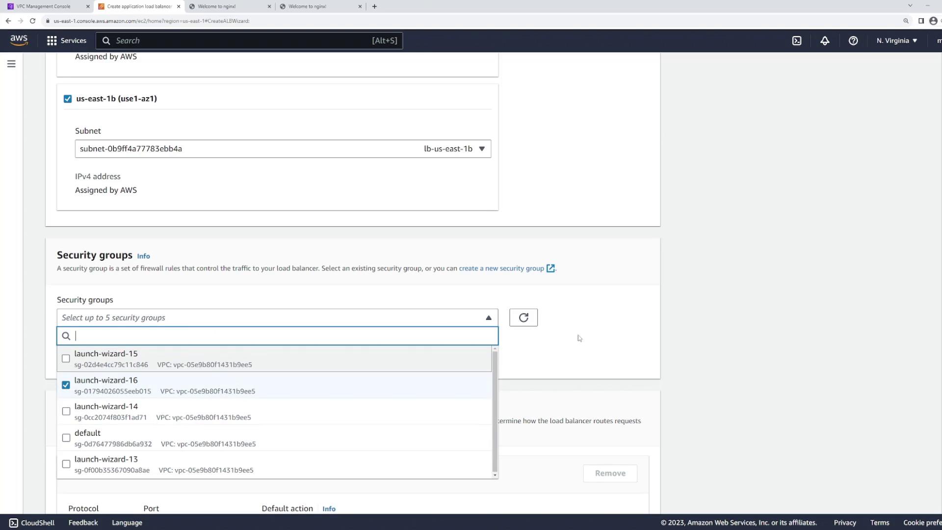 The image shows a screenshot of the AWS Management Console, specifically the section for configuring security groups for a load balancer. It includes a dropdown menu for selecting security groups and options for subnet and IPv4 address assignment.