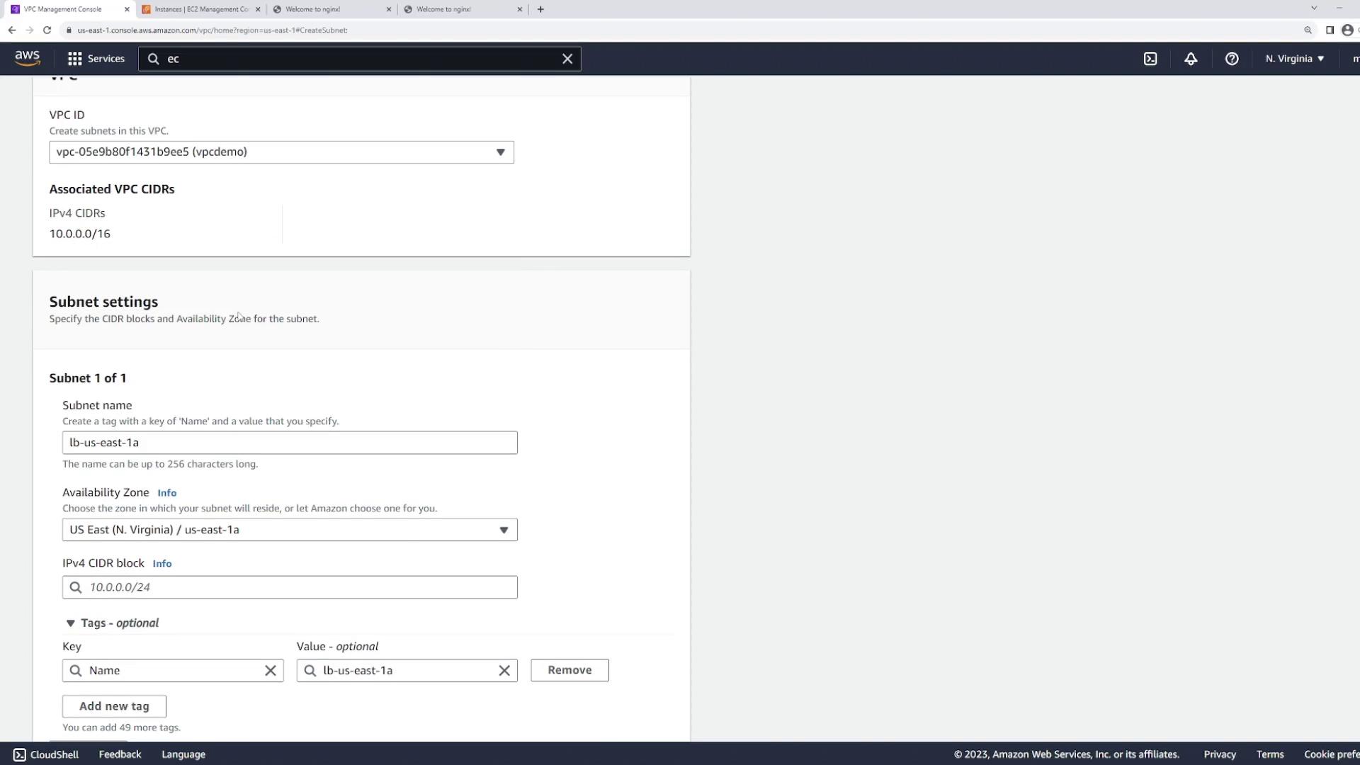 The image shows the AWS Management Console interface for creating a subnet, with fields for VPC ID, subnet name, availability zone, and IPv4 CIDR block.