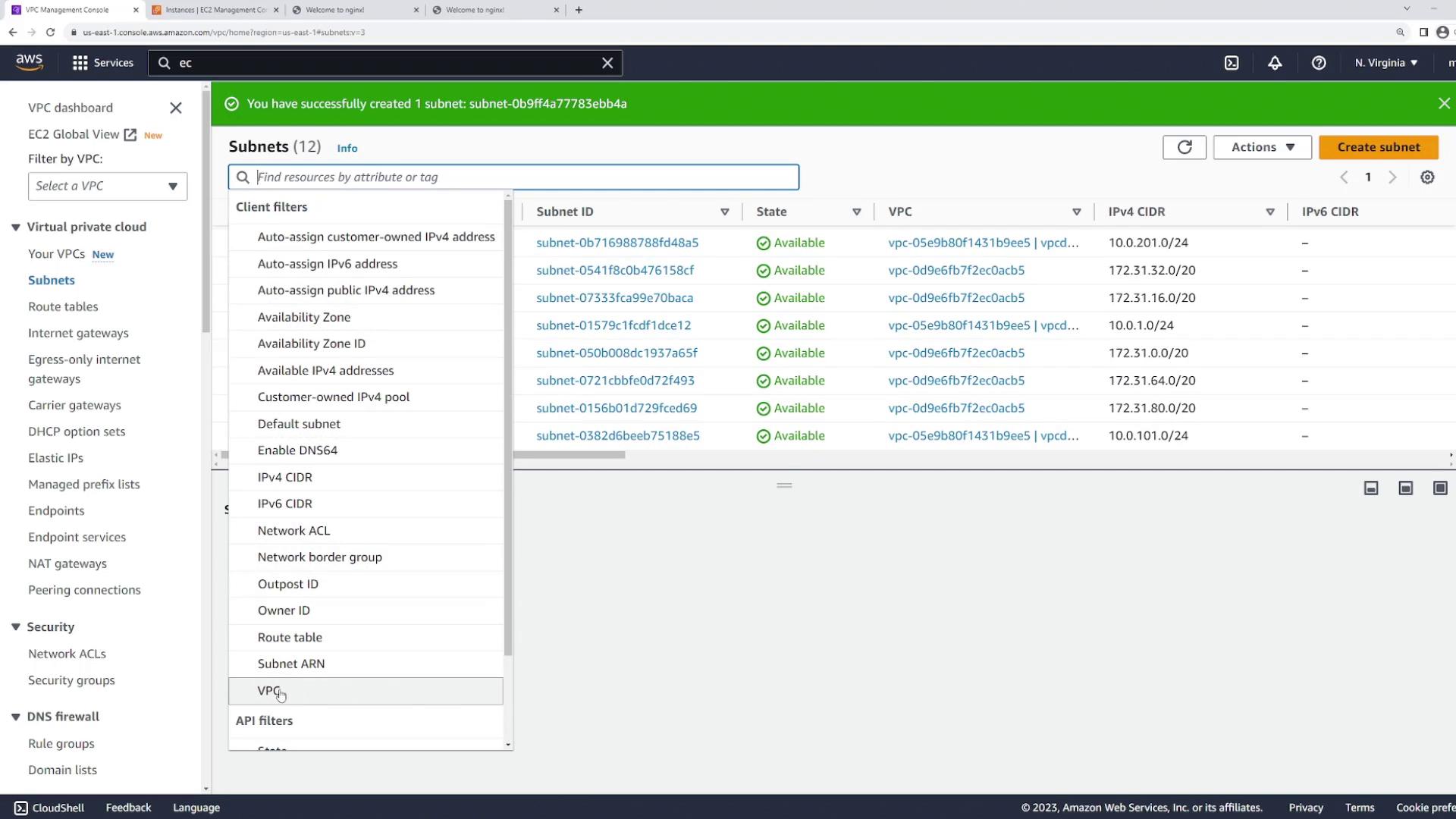 The image shows the AWS Management Console displaying a list of subnets within a VPC, with details such as Subnet ID, State, VPC, and IPv4 CIDR. A green notification bar indicates a subnet was successfully created.