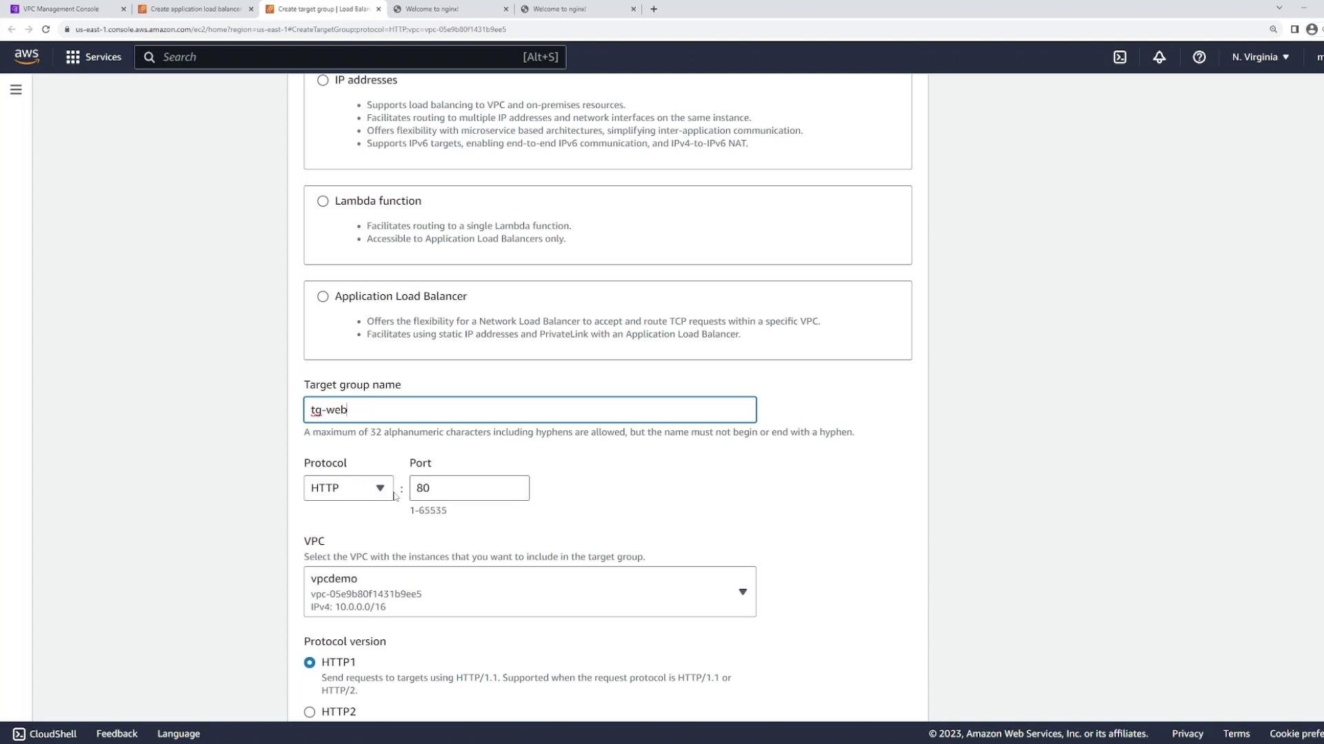 The image shows a screenshot of the AWS Management Console, specifically the section for creating a target group for an Application Load Balancer. It includes fields for target group name, protocol, port, and VPC selection.