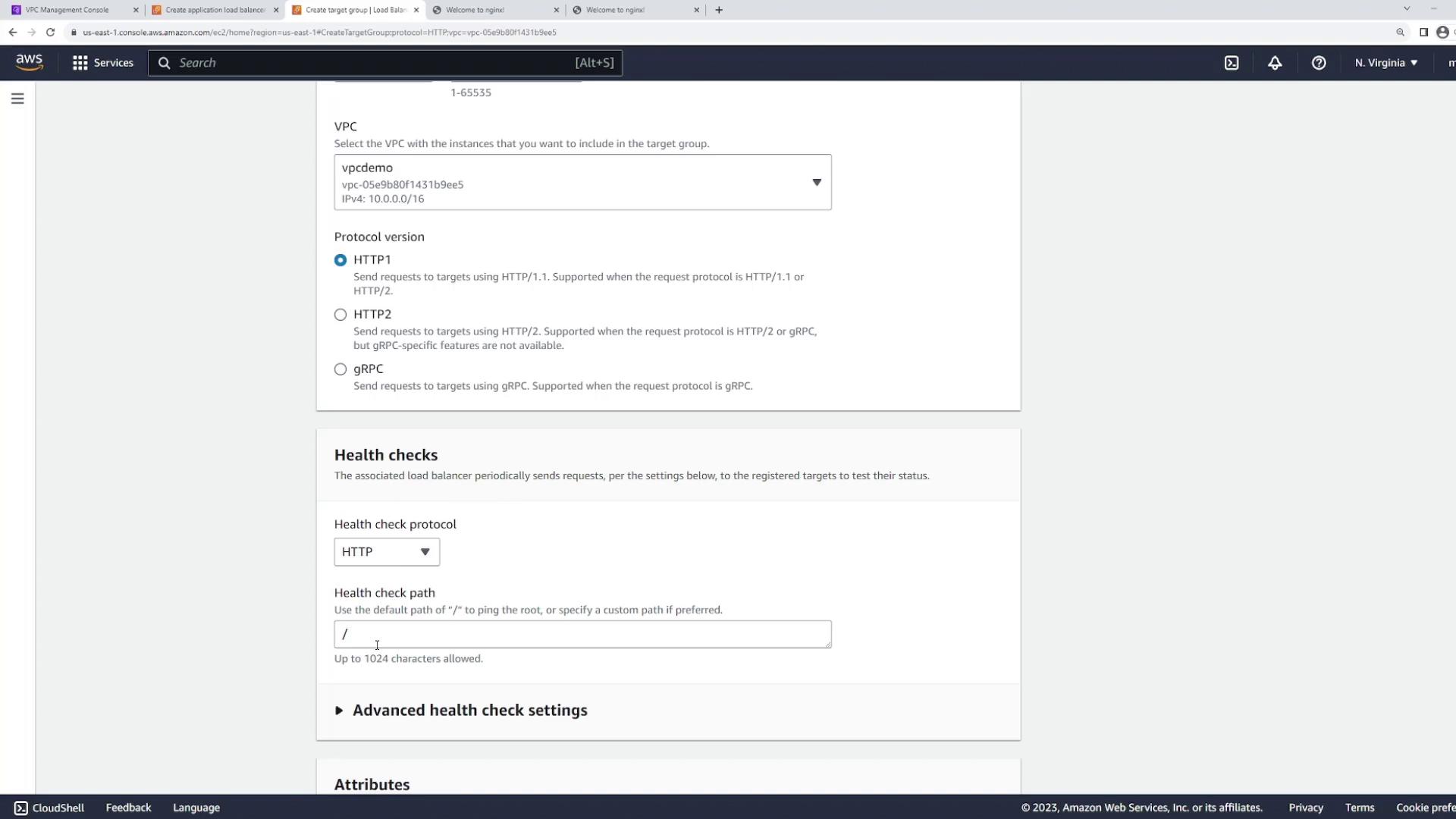 The image shows a configuration screen from the AWS Management Console for setting up a target group, including options for VPC selection, protocol version, and health check settings.