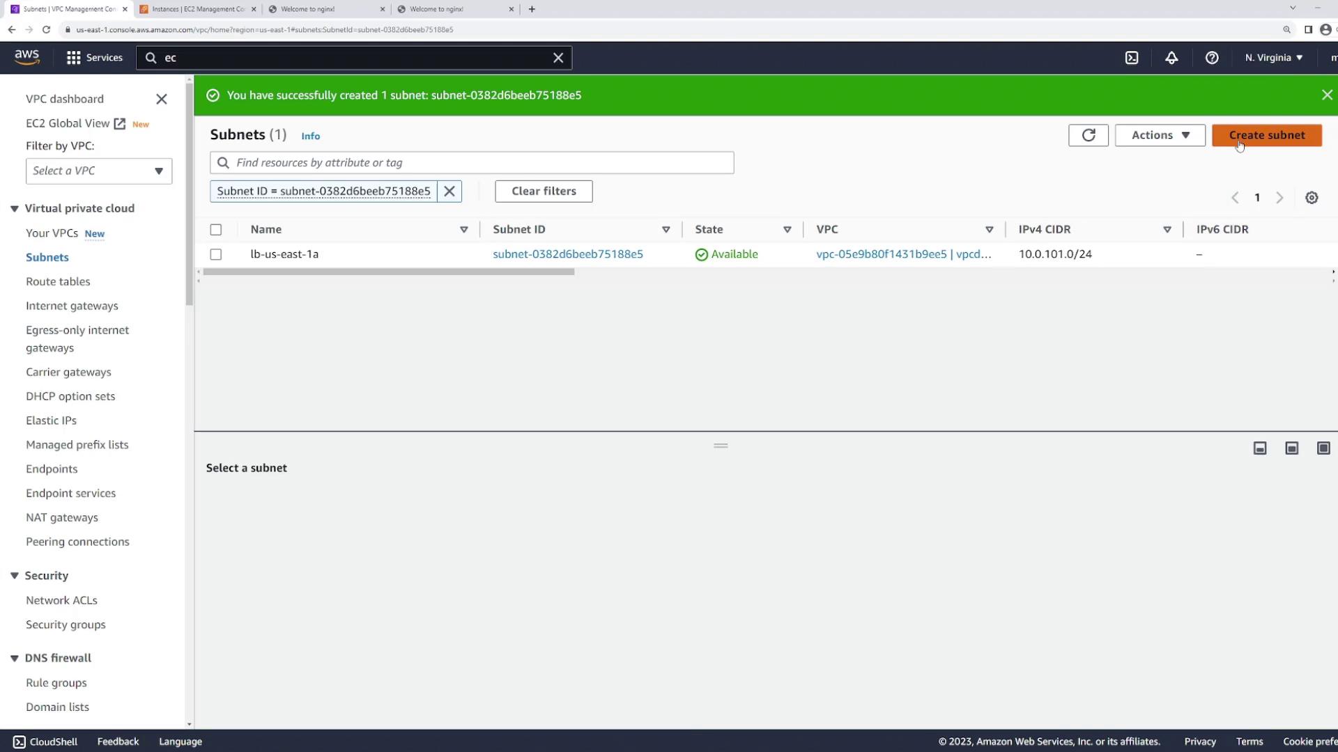 The image shows an AWS VPC Management Console with a notification indicating a subnet has been successfully created. The console displays details of the subnet, including its ID, state, and associated VPC.