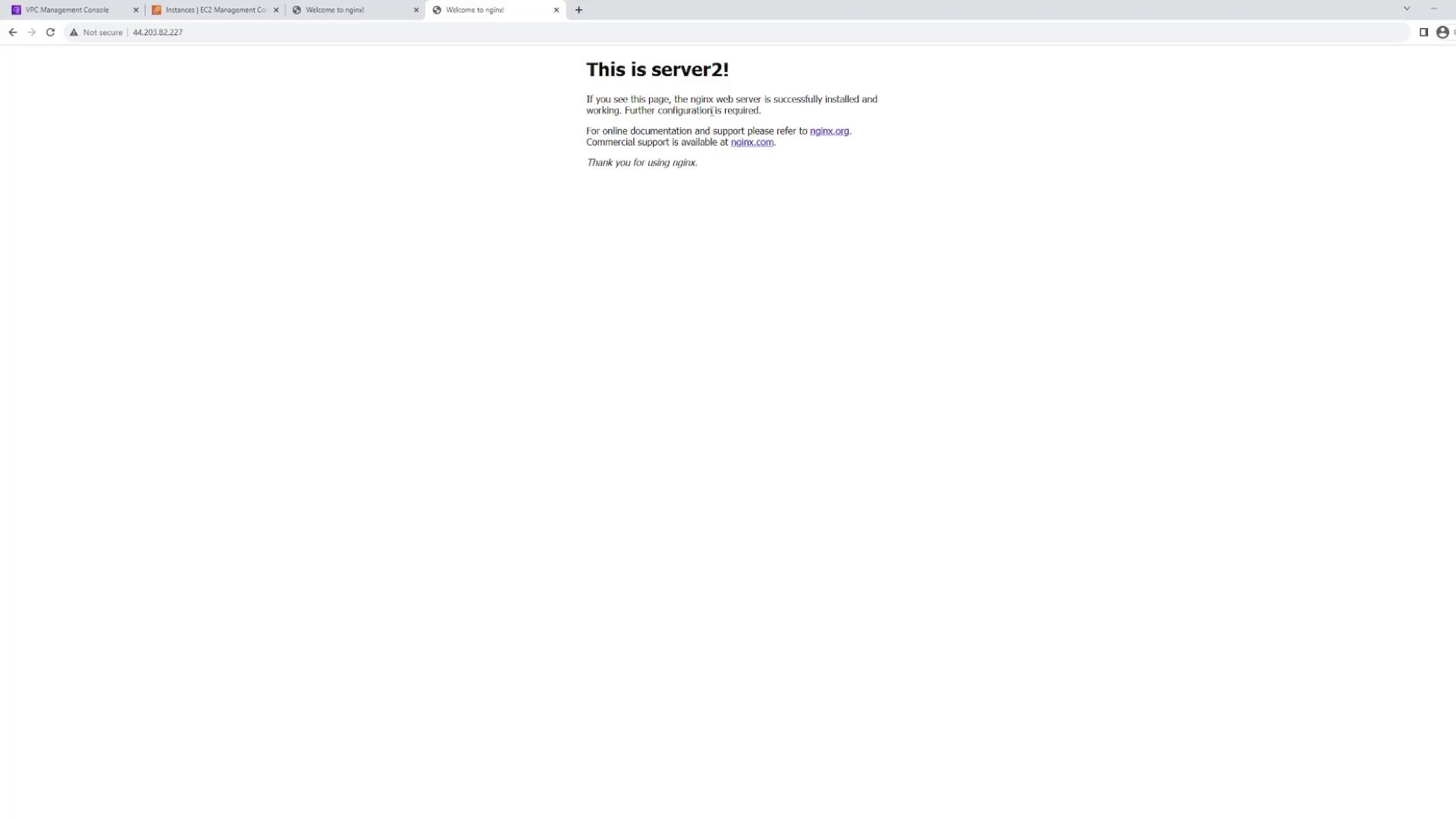 The image shows a web page indicating that the Nginx web server is successfully installed and running on "server2," with a message about further configuration being required.