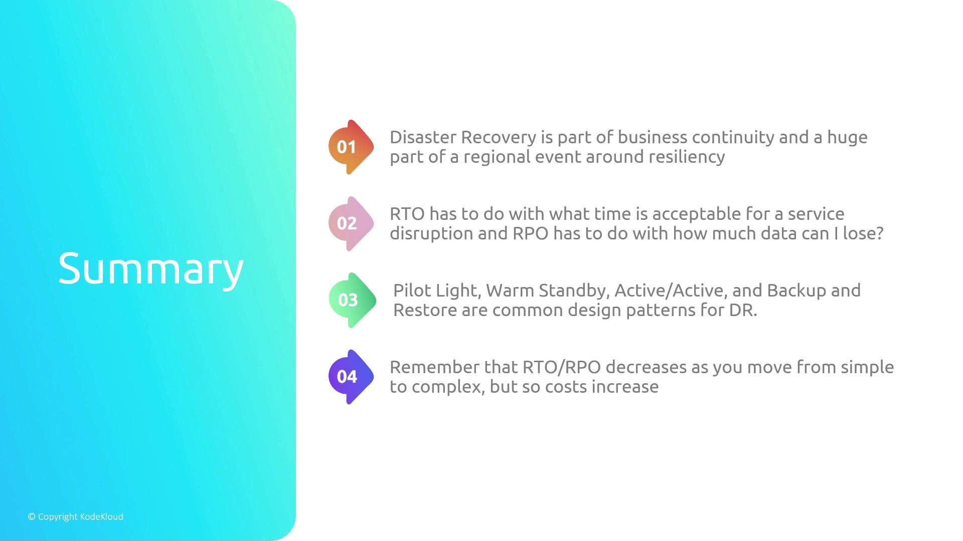 The image is a summary slide discussing disaster recovery, including concepts like RTO, RPO, and design patterns such as Pilot Light and Warm Standby. It highlights the relationship between complexity, cost, and recovery metrics.