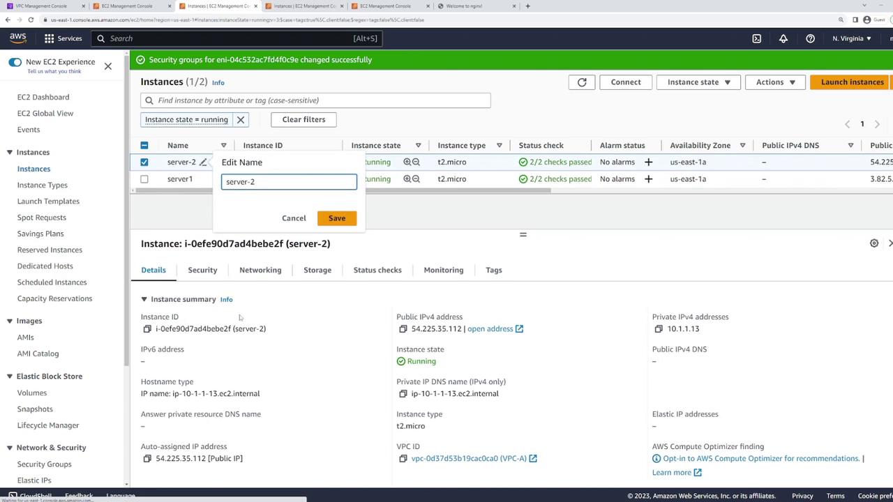The image shows an AWS EC2 Management Console with two running instances, "server-2" and "server1," both of type t2.micro. The details of "server-2" are displayed, including its instance ID, public IPv4 address, and instance state.