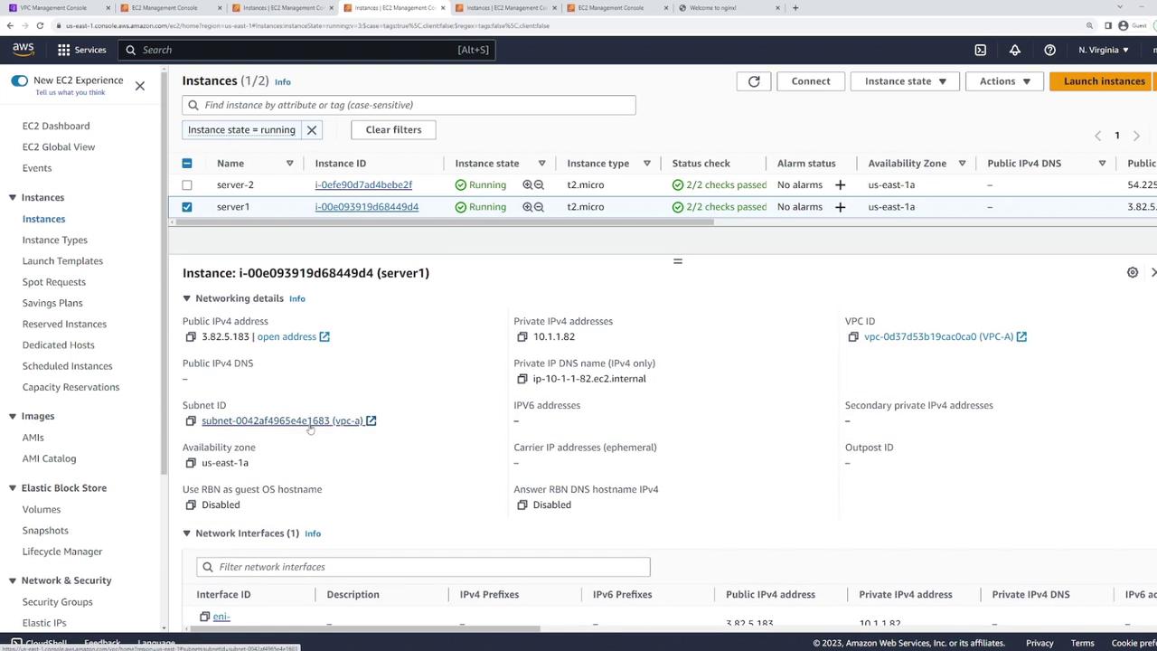 The image shows an AWS EC2 Management Console with details of two running instances, including instance IDs, types, and networking information.