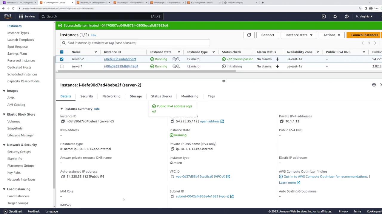 The image shows an AWS EC2 Management Console with details of two running instances, including their instance IDs, states, types, and public IP addresses.