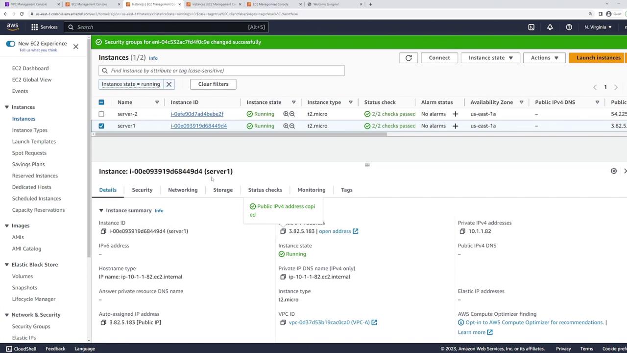 The image shows an AWS EC2 Management Console with two running instances, "server-2" and "server1," both of type t2.micro, with details of "server1" displayed below.