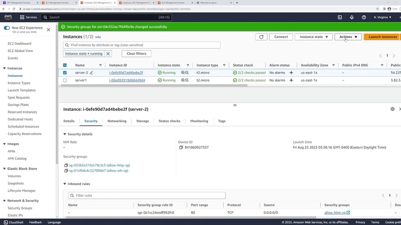 The image shows an AWS EC2 Management Console with two running instances, displaying details for one instance named "server-2," including security group information.