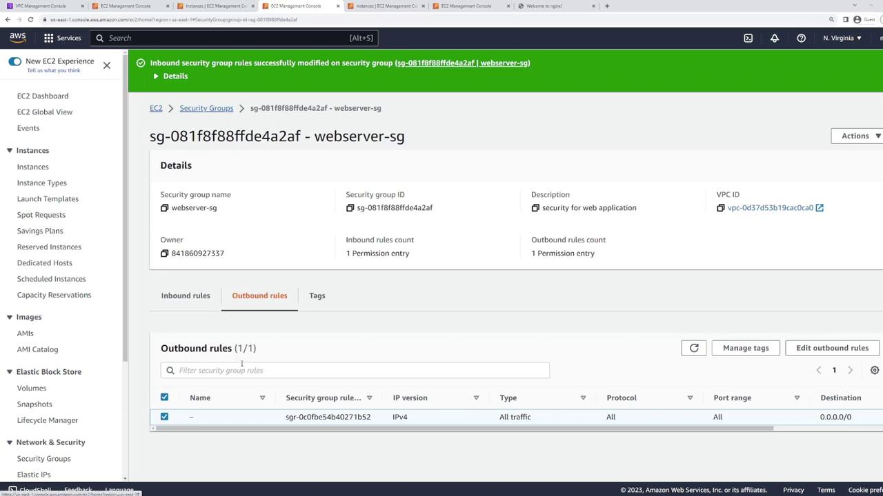 The image shows an AWS EC2 Management Console screen displaying details of a security group named "webserver-sg," including its inbound and outbound rules. The outbound rules section is highlighted, showing a rule allowing all traffic.