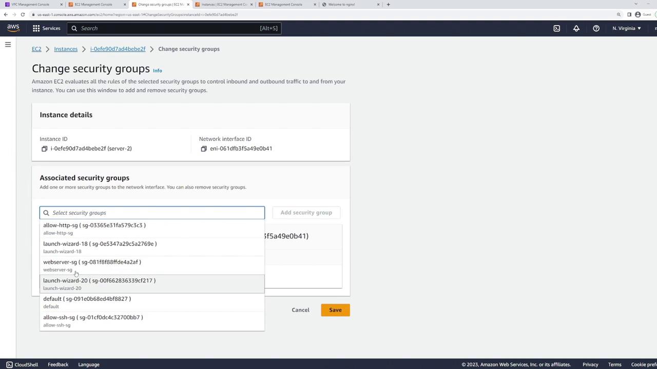 The image shows an AWS EC2 Management Console screen where security groups are being changed for an instance. It displays instance details and a dropdown menu for selecting security groups.
