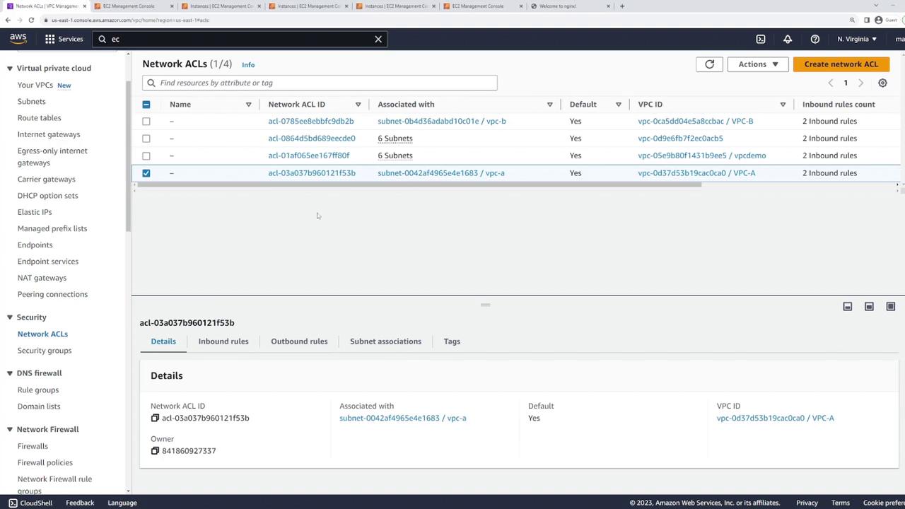 The image shows the AWS Management Console displaying the Network ACLs section, listing various network ACL IDs and their associated subnets and VPCs. The interface includes details about a selected network ACL, including its ID and associated subnet.