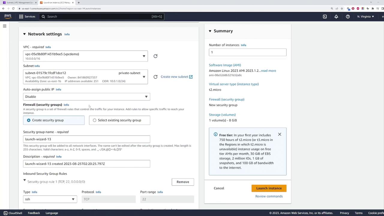 The image shows an AWS EC2 instance launch configuration screen, detailing network settings and a summary of the instance specifications, including VPC, subnet, security group, and instance type.