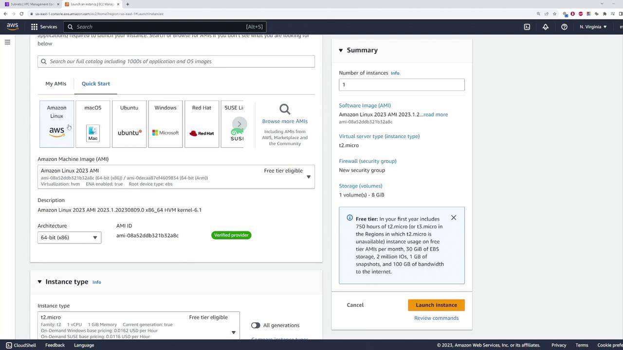 The image shows an AWS EC2 instance launch configuration page, where Amazon Linux is selected as the Amazon Machine Image (AMI) and t2.micro is chosen as the instance type.