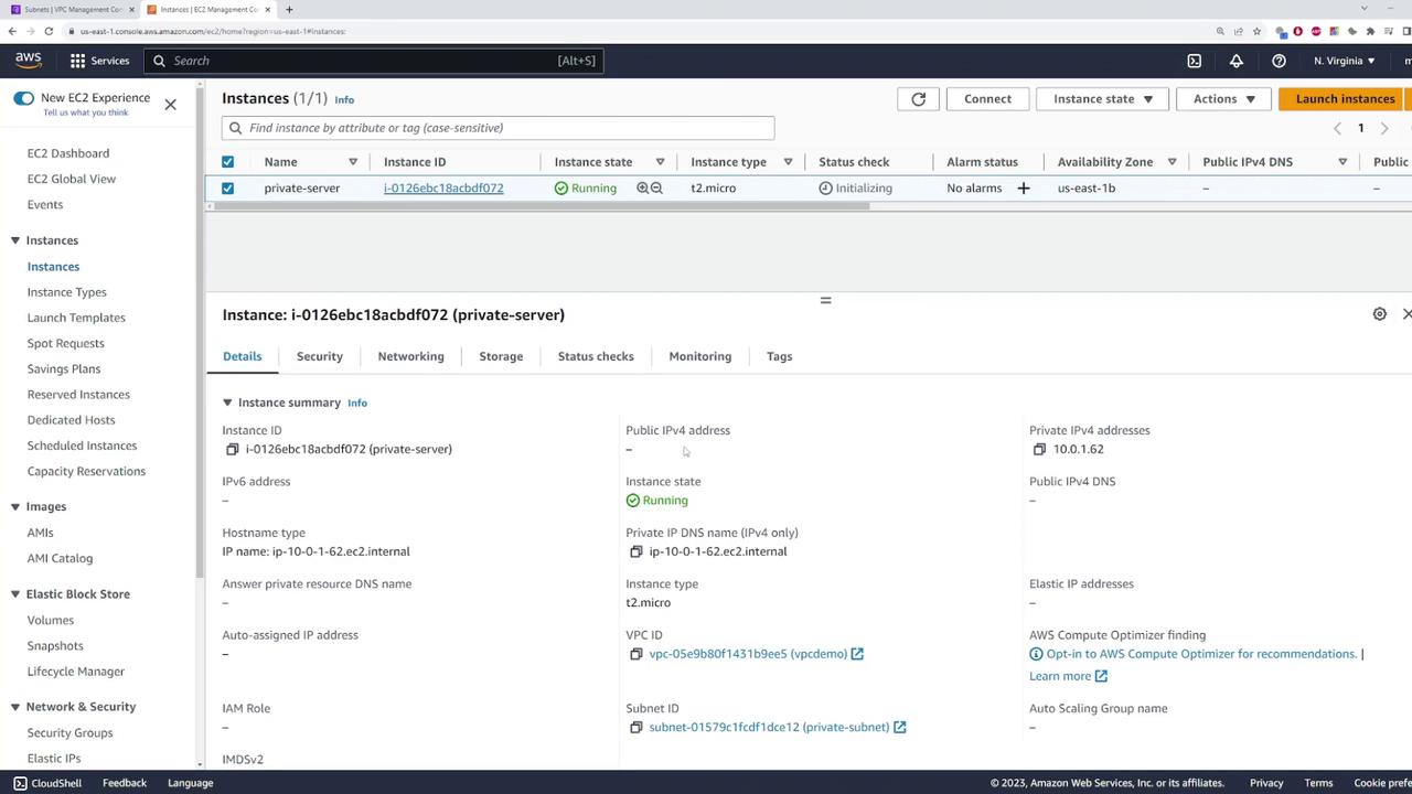 The image shows an AWS EC2 management console with details of a running instance named "private-server." It displays information such as instance ID, state, type, and IP addresses.