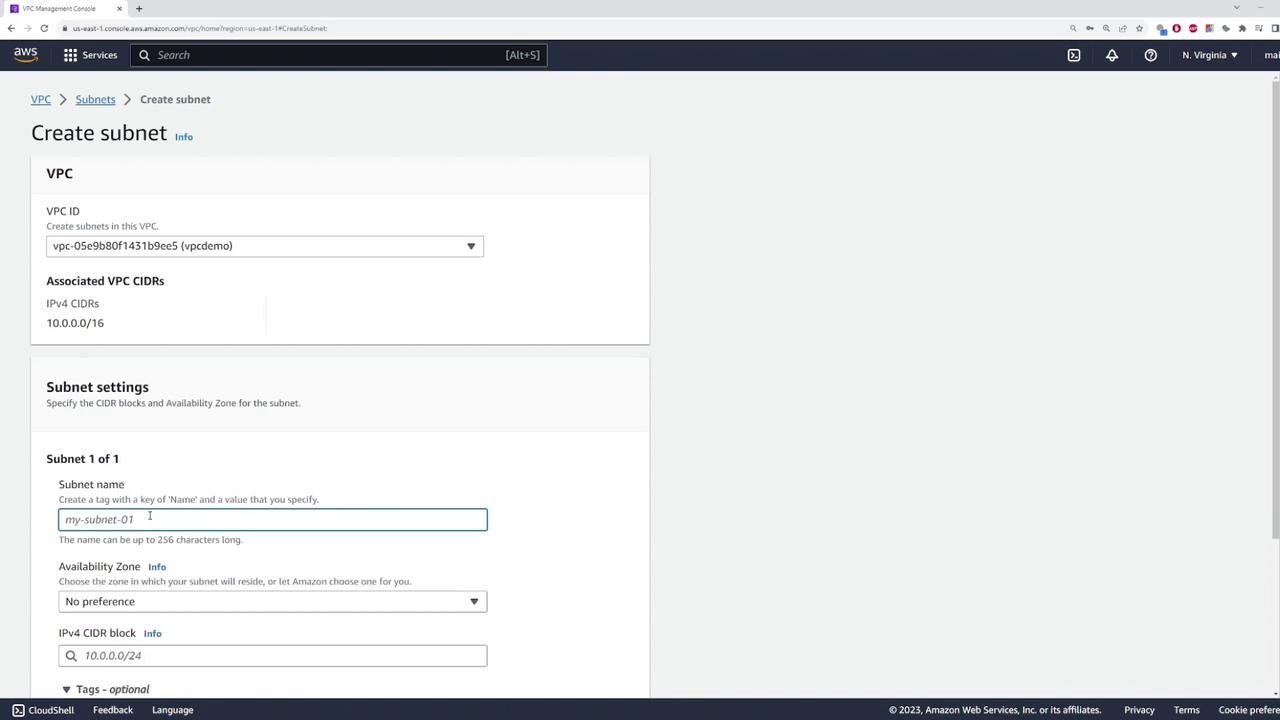 The image shows the AWS Management Console interface for creating a subnet within a VPC. It includes fields for VPC ID, subnet name, availability zone, and IPv4 CIDR block.