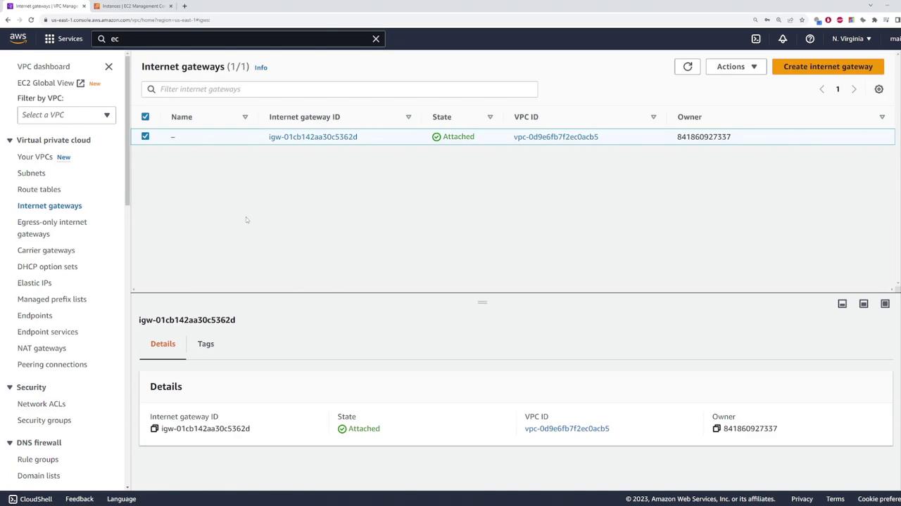 The image shows an AWS Management Console screen displaying the "Internet gateways" section, with details of a specific internet gateway that is attached to a VPC.