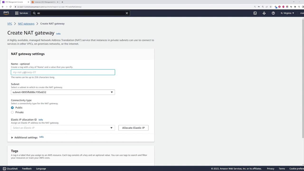 The image shows the AWS Management Console interface for creating a NAT gateway, with options to set the name, subnet, connectivity type, and Elastic IP allocation.