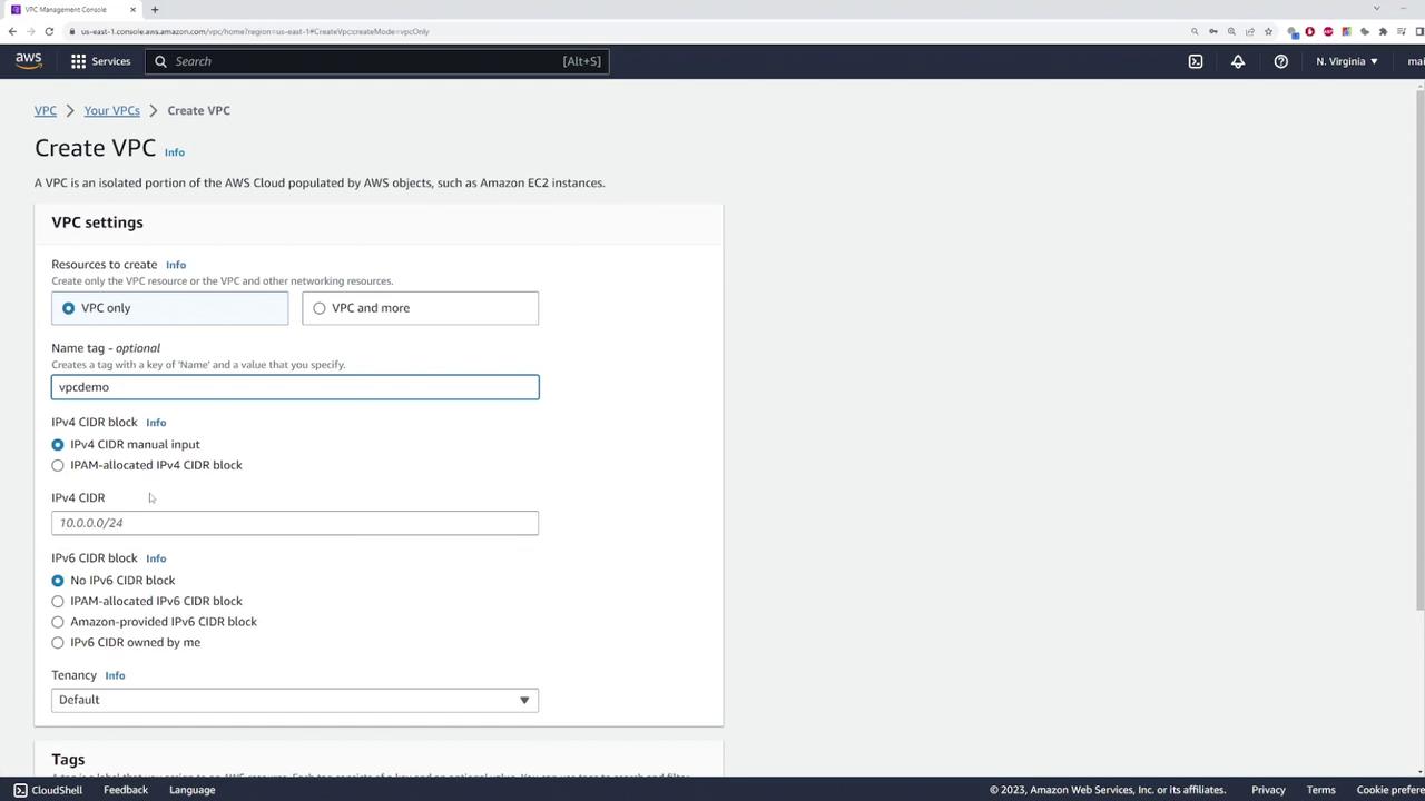 The image shows the AWS Management Console interface for creating a Virtual Private Cloud (VPC), with options for setting VPC resources, name tags, and CIDR blocks.