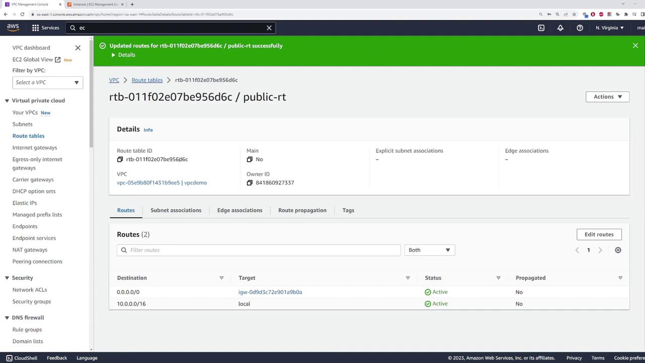 The image shows an AWS VPC Management Console displaying details of a route table, including route entries and their statuses.