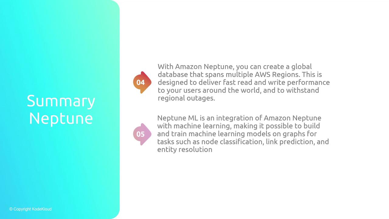 The image is a summary of Amazon Neptune, highlighting its ability to create global databases across AWS regions and its integration with machine learning for tasks like node classification and link prediction.