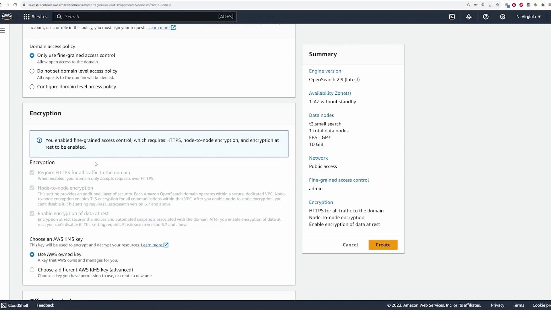 The image shows an AWS console screen for creating a domain, with options for domain access policy and encryption settings. A summary panel on the right displays configuration details like engine version, data nodes, and network access.