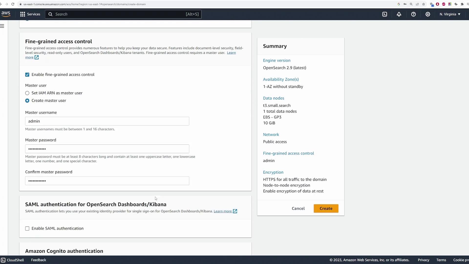 The image shows an AWS console screen for setting up fine-grained access control in OpenSearch, with options for creating a master user and configuring authentication settings.