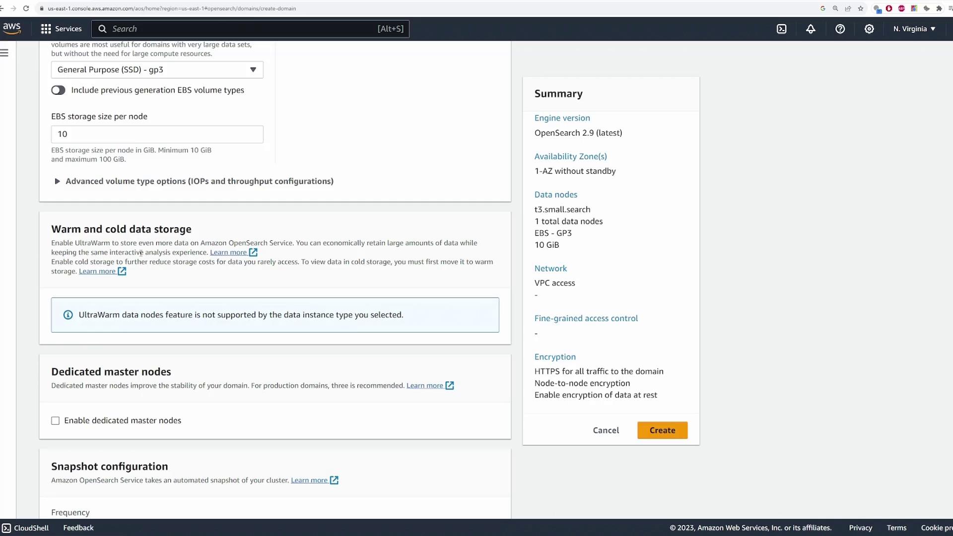 The image shows an AWS OpenSearch Service configuration screen, detailing options for data storage, node types, and encryption settings. A summary panel on the right provides an overview of the selected configurations.