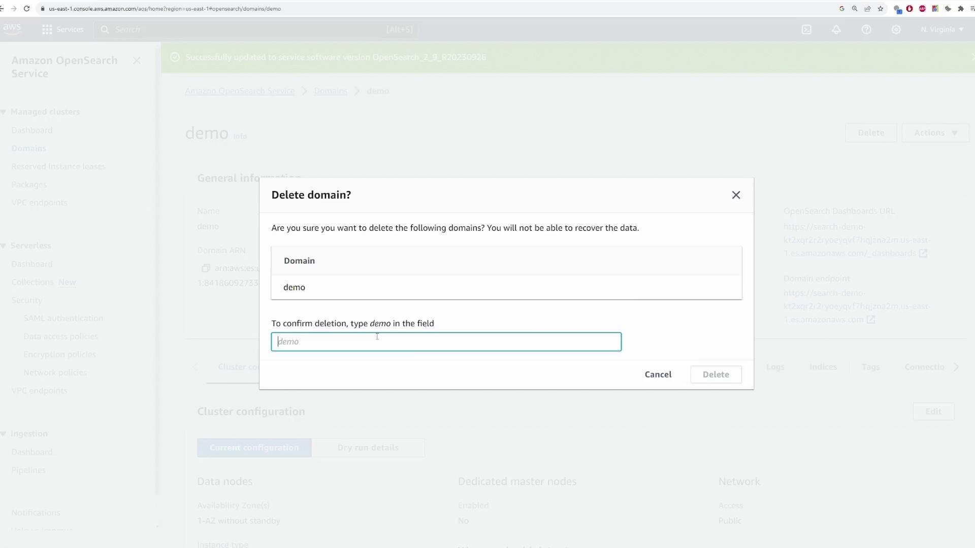 The image shows a confirmation dialog box for deleting a domain named "demo" in the Amazon OpenSearch Service console, requiring the user to type "demo" to confirm the deletion.