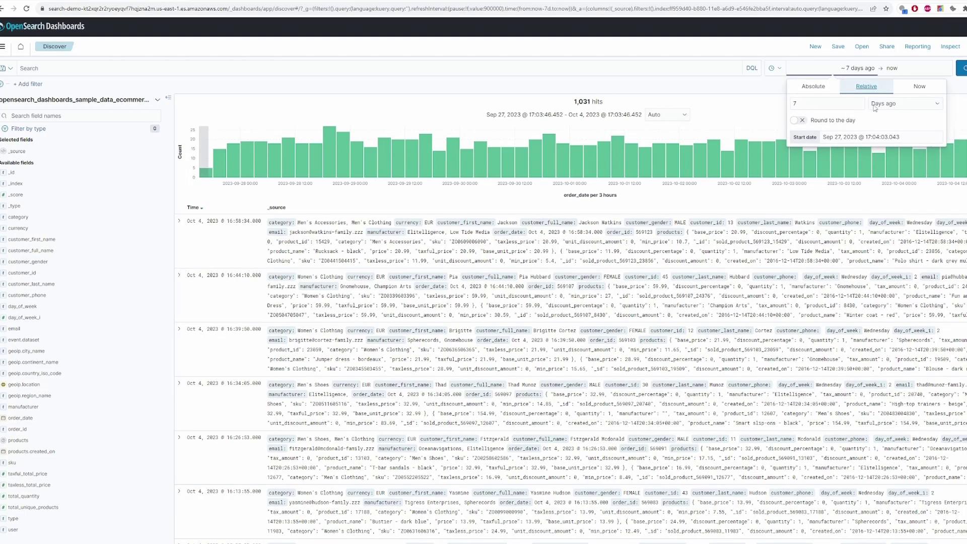 The image shows a dashboard from OpenSearch with a bar chart displaying order data over time and a detailed log of transactions below. The interface includes filters and options for data analysis.