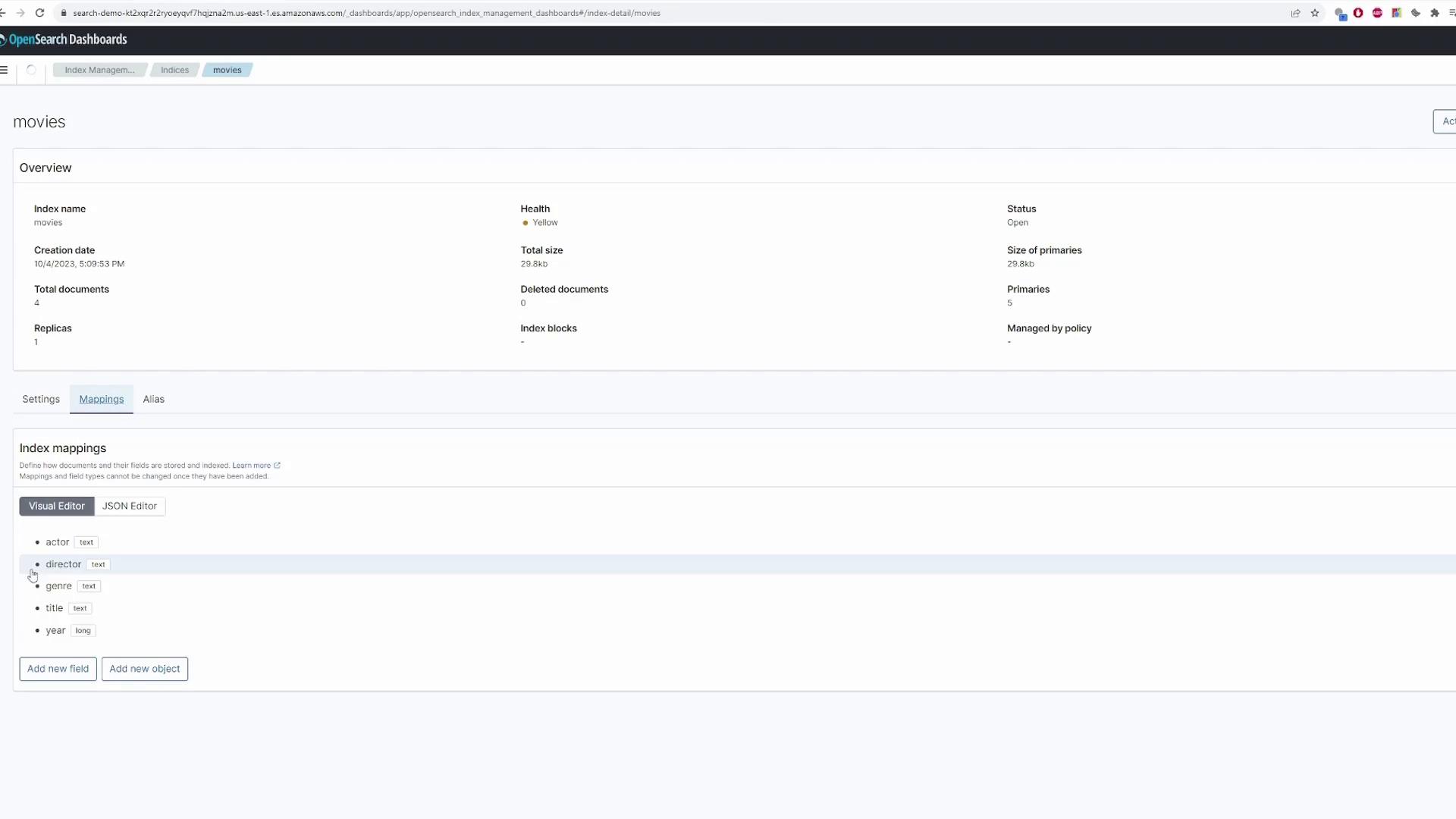 The image shows an OpenSearch Dashboards interface displaying details of a "movies" index, including its overview and index mappings with fields like actor, director, genre, title, and year.