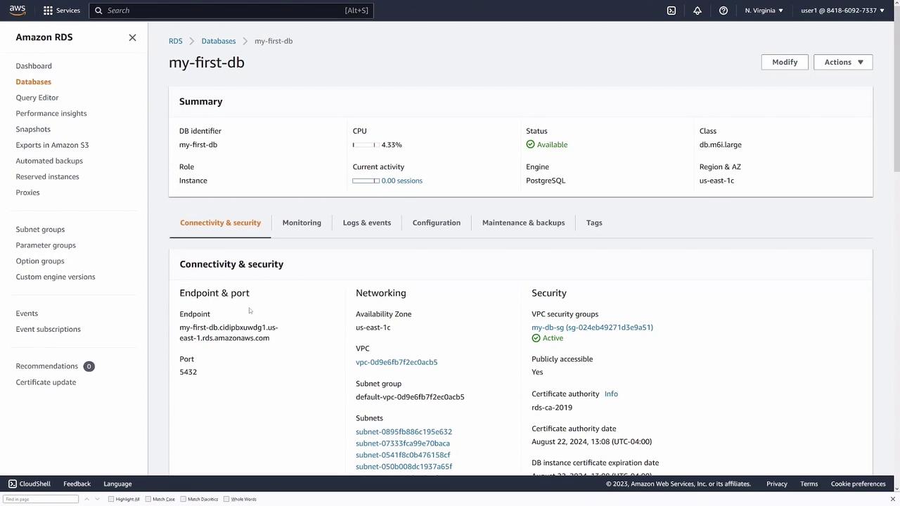The image shows an Amazon RDS dashboard for a database named "my-first-db," displaying its summary, connectivity, and security details. It includes information such as the database identifier, status, engine type, and endpoint details.