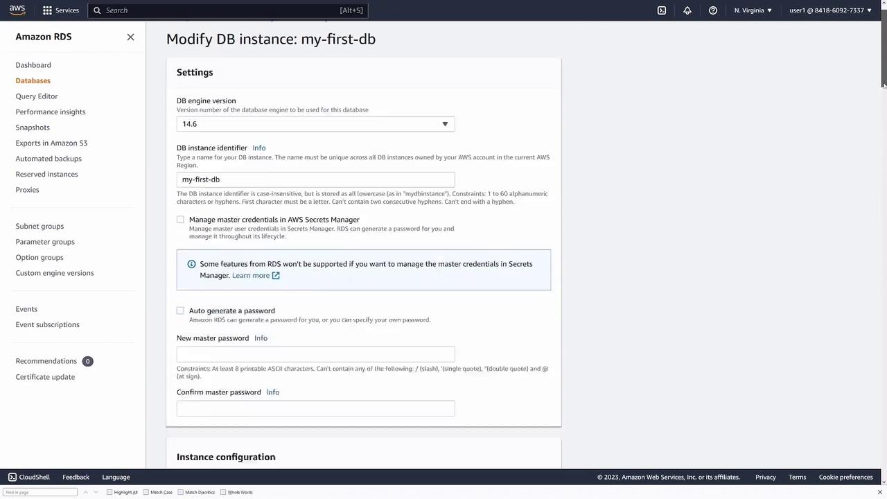 The image shows an Amazon RDS dashboard where a user is modifying a database instance named "my-first-db." It includes settings for the DB engine version, instance identifier, and password management options.