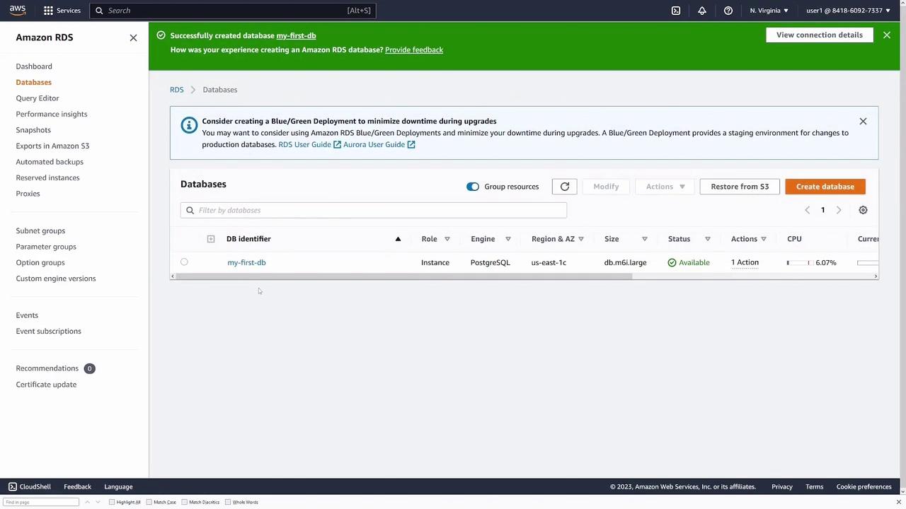 The image shows an Amazon RDS dashboard with a notification of a successfully created database named "my-first-db." The database is listed with details such as engine type (PostgreSQL), region, and status (available).