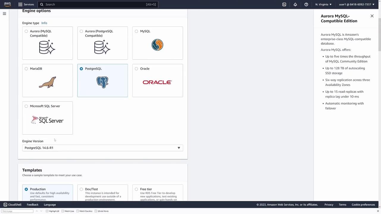 The image shows a selection screen for database engine options on AWS, including Aurora, MySQL, MariaDB, PostgreSQL, Oracle, and Microsoft SQL Server. The PostgreSQL option is selected, and there are details about the Aurora MySQL-Compatible Edition on the right.