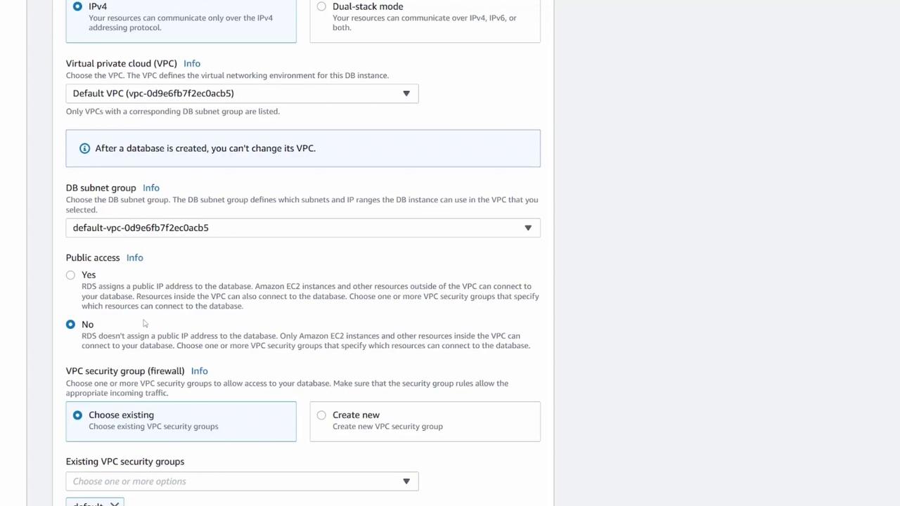 The image shows a configuration screen for setting up a database instance in a cloud service, with options for IP addressing, VPC selection, and public access settings.