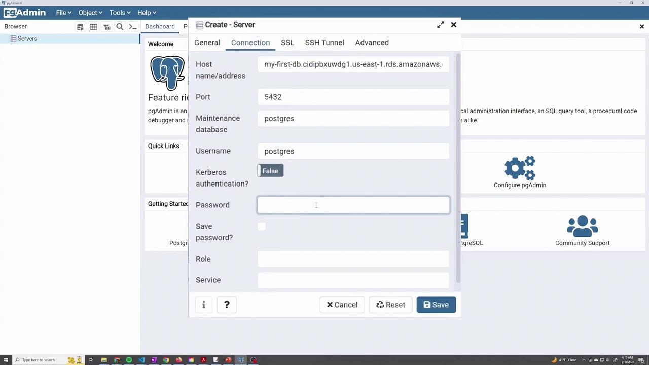 The image shows a pgAdmin interface with a "Create - Server" dialog open, displaying fields for server connection details such as host name, port, and username.
