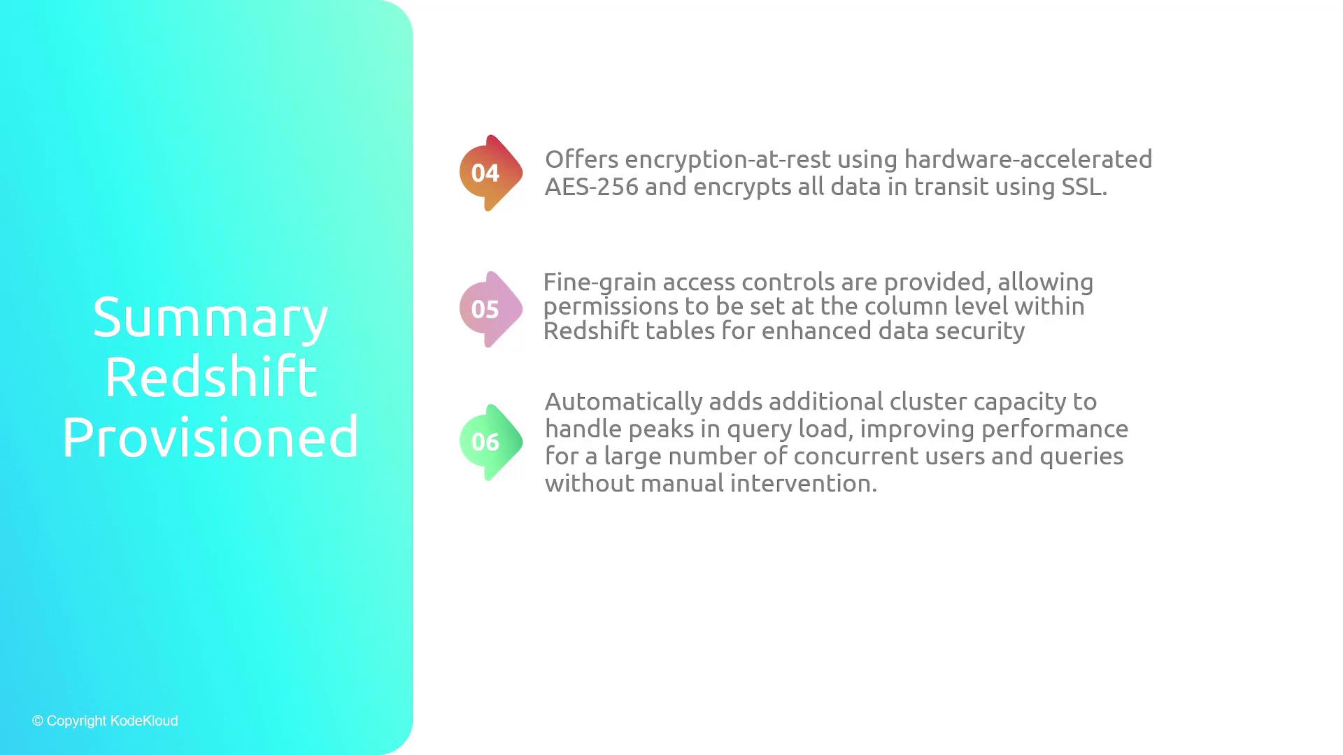 The image is a summary of Redshift Provisioned features, highlighting encryption, fine-grain access controls, and automatic cluster capacity adjustments.