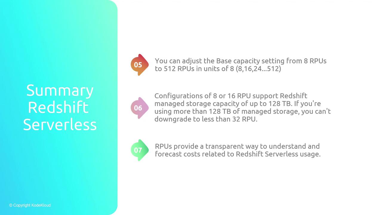 The image is a summary of Redshift Serverless, detailing adjustable base capacity settings, storage configurations, and cost forecasting using RPUs. It includes points numbered 05 to 07 with a gradient background.
