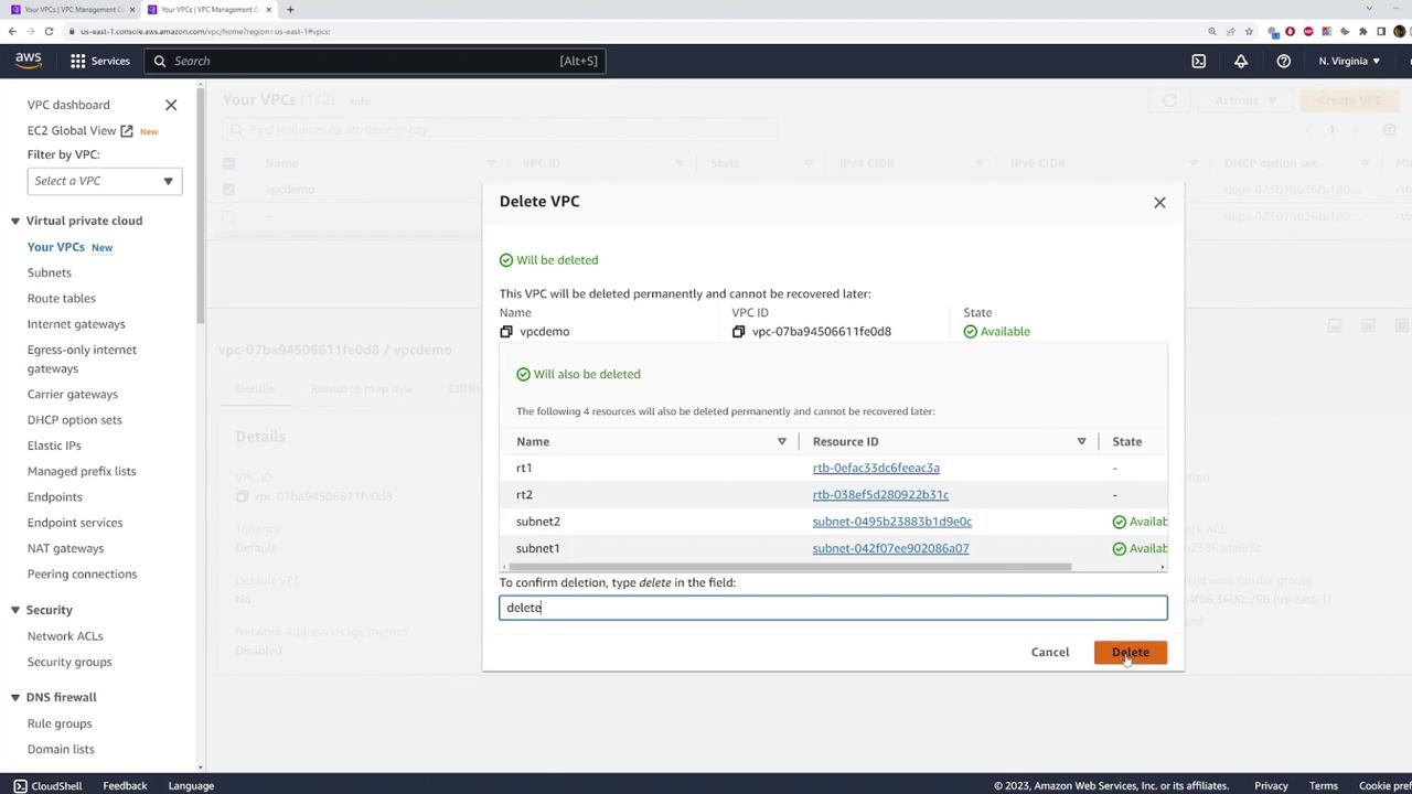 The image shows an AWS management console screen where a user is in the process of deleting a VPC named "vpcdemo," along with associated resources like route tables and subnets. The user is required to type "delete" to confirm the action.