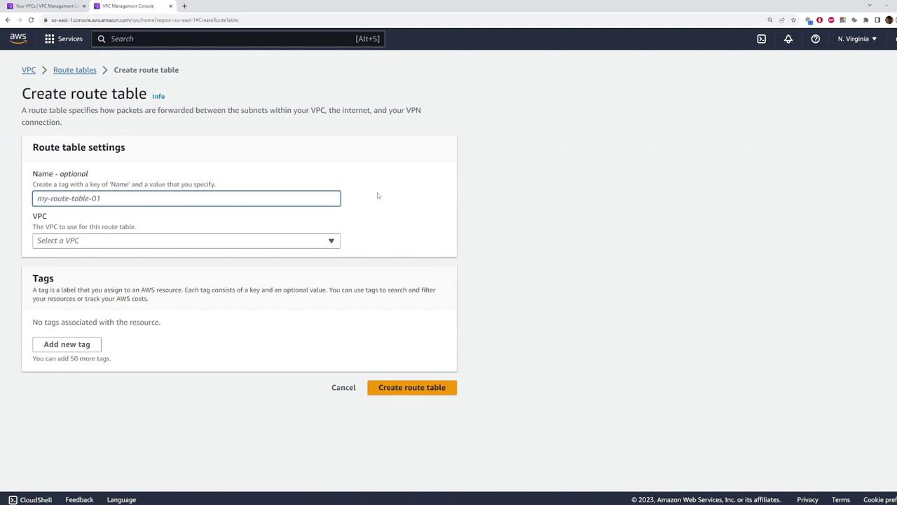 The image shows an AWS Management Console screen for creating a route table, with fields for naming the route table and selecting a VPC, along with options to add tags.