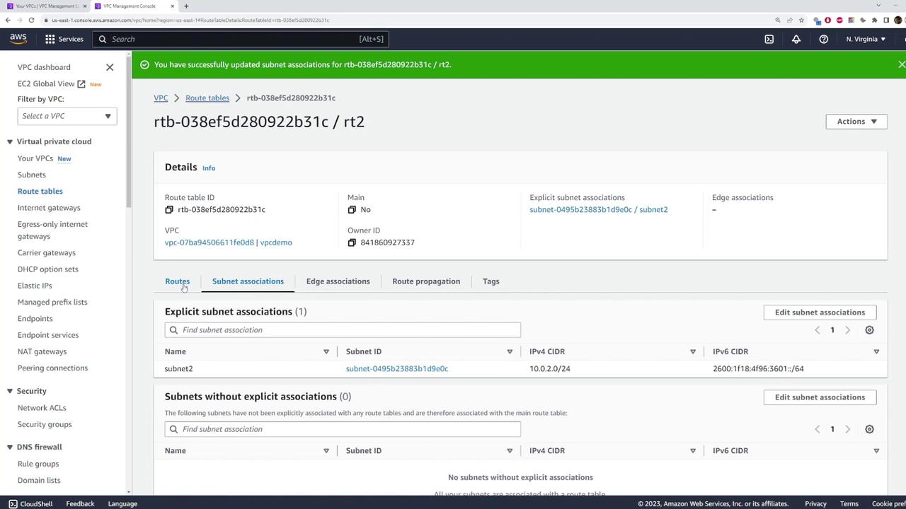 The image shows an AWS VPC Management Console screen displaying details of a route table, including subnet associations and CIDR information.