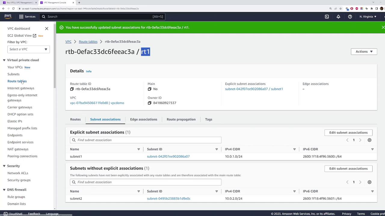 The image shows an AWS VPC Management Console screen displaying details of a route table, including subnet associations and CIDR information.