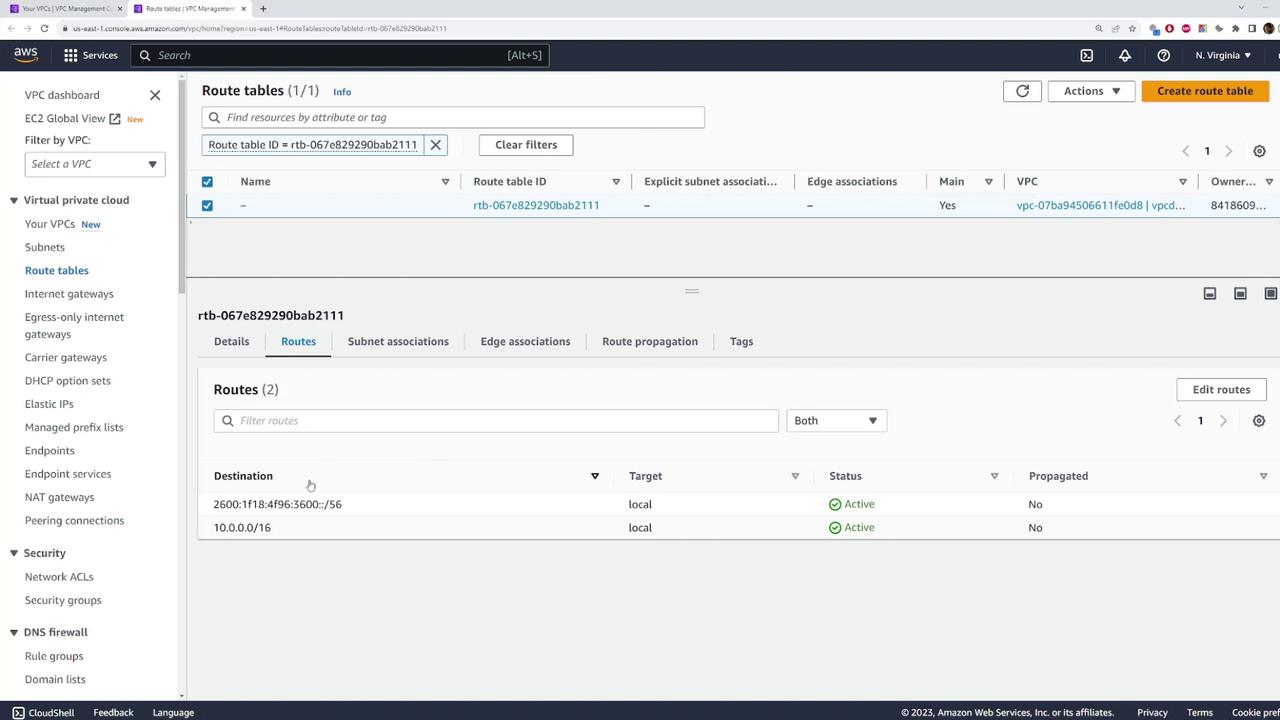 The image shows an AWS VPC management console displaying route tables with active routes for specific IP destinations.