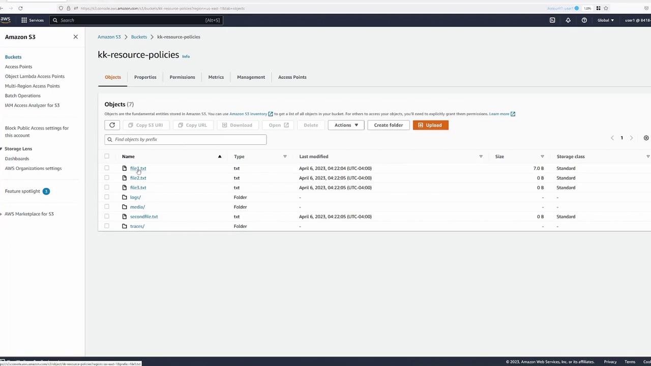 The image shows an Amazon S3 bucket interface with a list of files and folders, including text files and folders named "logs," "media," and "traces." The interface displays details like file type, last modified date, and storage class.